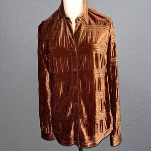ROCK & ROLL DENIM  Women's Rust Velvet Button Down SMOCKED WESTERN SHIRT EUC - M